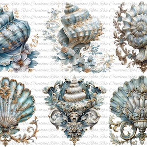 May include: A collection of six digital art images featuring ornate seashells in shades of blue, gold, and white. Each shell design is intricately detailed with floral and scrollwork accents, perfect for crafting projects.