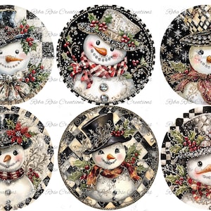 May include: Six circular Christmas ornaments featuring snowmen with top hats, scarves, and holly accents. The snowmen have carrot noses and button eyes. The ornaments have a vintage, watercolor style with a black and white checkered background.
