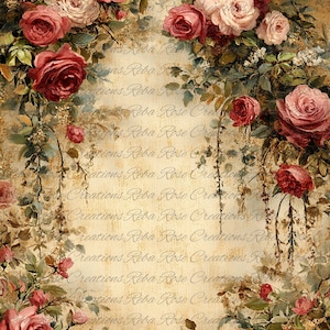 May include: A vintage-style floral design featuring roses in shades of red, pink, and cream, with green foliage. The background is a textured, aged parchment with the text "Creations Reba Rose Creations" in a script font.