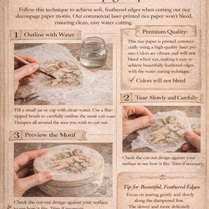 K&ouml;nnte beinhalten: Anleitung zum Wasser-Schneiden von Reis-Decoupage-Papier. Die Schritte umfassen das Umrei&szlig;en mit Wasser, vorsichtiges Rei&szlig;en und die Vorschau des Motivs. Das Papier ist lasergedruckt und die Farben bluten nicht aus.