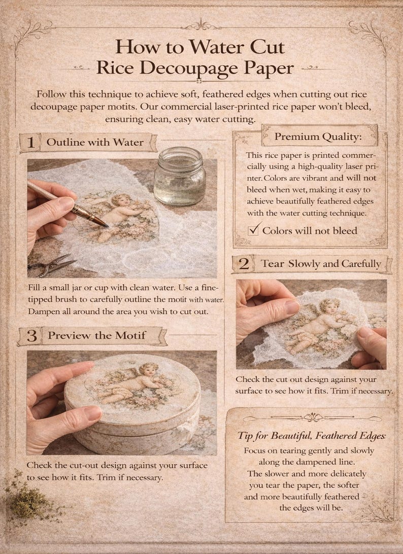 K&ouml;nnte beinhalten: Anleitung zum Wasser-Schneiden von Reis-Decoupage-Papier. Die Schritte umfassen das Umrei&szlig;en mit Wasser, vorsichtiges Rei&szlig;en und die Vorschau des Motivs. Das Papier ist lasergedruckt und die Farben bluten nicht aus.