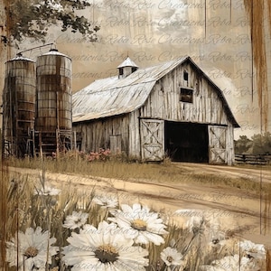 May include: An artistic rendering of a rustic barn and silos, set against a sepia-toned landscape. White daisies bloom in the foreground, with a dirt path leading to the weathered wooden structures. The sky is overcast.