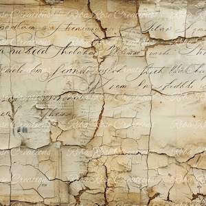 May include: A distressed, vintage-style background with peeling paint and handwritten script. The color palette is primarily beige and brown, with visible cracks and text fragments, creating a textured, aged appearance. The words "Riba Rose Creations" are visible.