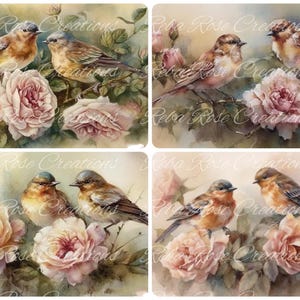 May include: Four rectangular prints featuring watercolor paintings of birds and roses. Each print showcases two birds perched on branches amidst soft pink roses and green foliage. The prints have a vintage aesthetic with the text "Reba Rose Creations".