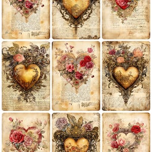 May include: Nine vintage-style cards featuring heart-shaped designs. Each card showcases a heart adorned with flowers, ornate frames, and script backgrounds. The color palette includes reds, golds, and creams, creating a romantic and antique aesthetic.