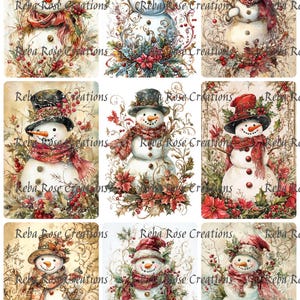 May include: A collection of nine watercolor-style images featuring snowmen. Each snowman wears a hat and scarf, surrounded by winter foliage and berries. The images have a vintage, artistic aesthetic, with the text "Reba Rose Creations" on each.