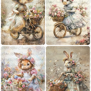 Bunnies on wheels A4 rice paper 1660/Bunnies on wheels A4 decoupage paper/Bunnies on bikes