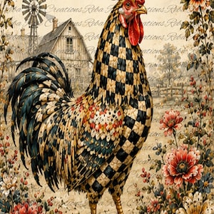 May include: A rooster with a black and cream checkered pattern on its neck and body, featuring a bright red comb and wattle. The background displays a farm scene with a windmill, a barn, and various red and white flowers in a garden setting.