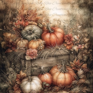May include: A watercolor illustration of a fall harvest scene. Pumpkins in shades of orange, white, and green are arranged with autumn leaves, flowers, and pinecones on a wooden crate. The background features text that reads "Reba Rose Creations".
