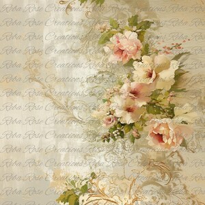 May include: A digital background image featuring a vintage floral design with pink and cream roses, green leaves, and gold accents on a light beige background. The background is textured and has a faded look. The text "Reba Rose Creations" is repeated throughout the image.