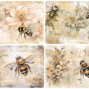 May include: Four rectangular images with a vintage aesthetic. Each features watercolor illustrations of bees and flowers in soft, muted tones of beige, cream, and peach. The backgrounds have handwritten script.
