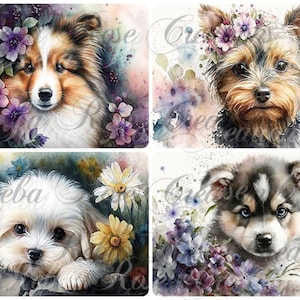 May include: Four watercolor portraits of dogs. A Sheltie with purple flowers, a Yorkshire Terrier with a flower crown, a white dog with daisies, and a Husky puppy with blue eyes and purple flowers.