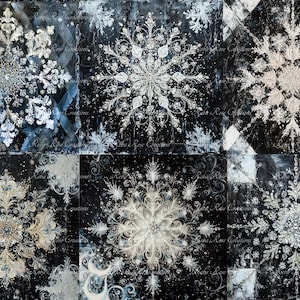 May include: A collage of six panels featuring ornate, detailed snowflake designs in shades of white and silver against a dark, textured background. The snowflakes have intricate patterns and are set on a backdrop with diamond and square patterns.