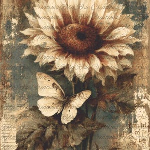 May include: An artistic print featuring a large sunflower and a butterfly. The sunflower has cream-colored petals and a brown center. The butterfly is cream-colored with brown markings. The background has a distressed, vintage look.