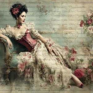 May include: An antique-style digital art print featuring a woman in a vintage dress and corset, seated on a teal chaise lounge. The image has a soft, romantic aesthetic with floral accents and a faded background.