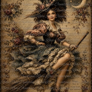 May include: A digital illustration of a person in a ruffled dress and wide-brimmed hat riding a broomstick. The background features vintage floral patterns, a crescent moon, and text including Happy Halloween, Pryor's Flower Garden, and Magic lives in every heart that believes.
