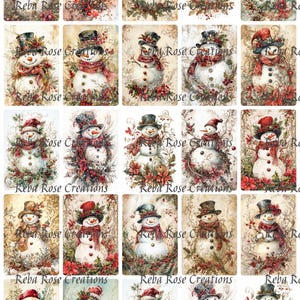 May include: A collection of vintage-style Christmas cards featuring snowmen. Each snowman wears a hat and scarf, surrounded by festive floral arrangements. The cards have a distressed, aged appearance, with the text "Reba Rose Creations".