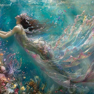 May include: An artistic depiction of a mermaid swimming underwater. The mermaid has long brown hair and is wearing a flowing gown. The scene is filled with colorful coral, fish, and bubbles, creating a vibrant underwater world.
