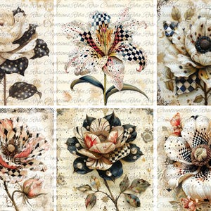 May include: A collage of six floral illustrations. Each flower features a unique design, with patterns including polka dots, checkered, and floral motifs. The color palette includes cream, black, red, and blue tones, set against a vintage-style background.