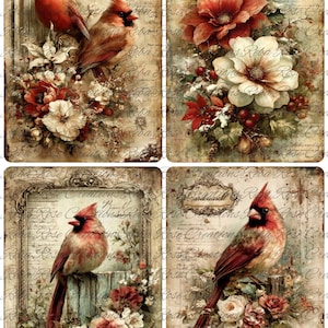 May include: Set of four vintage-style art prints featuring red cardinals and floral arrangements. The prints have a distressed, aged appearance with a muted color palette of reds, creams, and greens. Each print showcases a different composition.