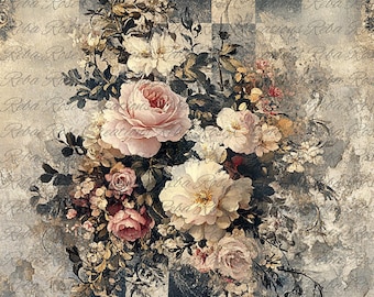 Black and White Spray Floral A4 rice paper  1863