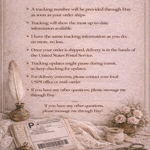 May include: A vintage-style image with the text "Shipping Information" at the top. The image includes a quill pen, a stack of papers with a shipping label, a small decorative box, a spool of thread, scissors, and a bouquet of roses. The text provides details about order tracking.