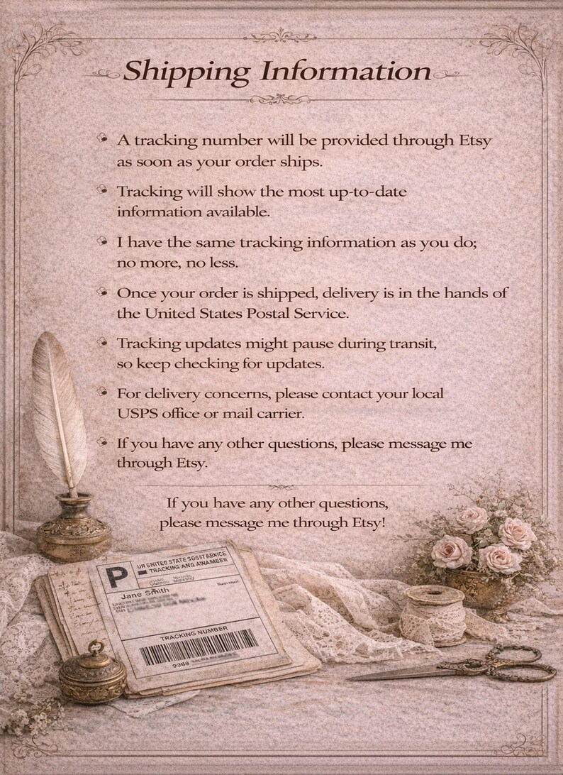 May include: A vintage-style image with the text "Shipping Information" at the top. The image includes a quill pen, a stack of papers with a shipping label, a small decorative box, a spool of thread, scissors, and a bouquet of roses. The text provides details about order tracking.