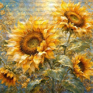 May include: A digital art print featuring a cluster of vibrant yellow sunflowers with textured brown centers, surrounded by smaller yellow blossoms and green foliage against a soft, blended blue and golden background with a repeating watermark.