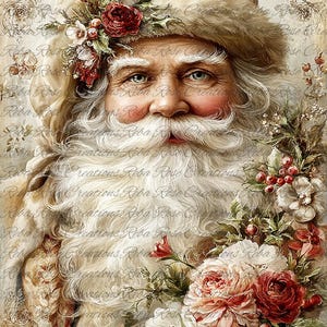 May include: A vintage-style illustration of Santa Claus with a long white beard and a fur hat adorned with a floral arrangement of red roses and white flowers. The image has a soft, aged appearance, with a bouquet of flowers in the lower right corner.