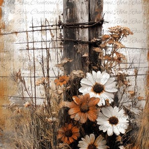 May include: A weathered wooden fence post with rusted wire fencing, surrounded by dried grasses and a cluster of white and orange daisy-like flowers. The image features a repeating watermark text reading Reba Rose Creations throughout.