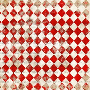 May include: A distressed digital paper background featuring a repeating pattern of red and white diamonds. The design has a vintage, aged appearance with faded colors and a textured surface, suitable for scrapbooking or crafting.