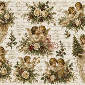 May include: A digital collage sheet featuring vintage-style illustrations of angels and cherubs surrounded by holly, pine branches, white roses, and pinecones. The background is a cream-colored paper texture with repeating script text.