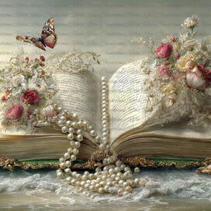 May include: An open book with aged pages, adorned with roses, pearls, and a butterfly. The book rests on a sandy shore with gentle waves. The cover and edges are embellished with gold filigree.