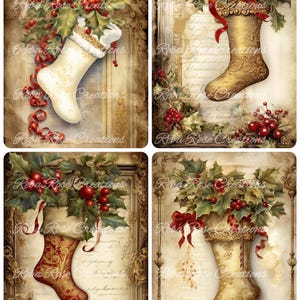 May include: A collage of four Christmas-themed images. Each image features a decorative stocking adorned with holly, red berries, and ribbons. The stockings are in various colors, including gold and red, with ornate designs. The background has a vintage aesthetic.