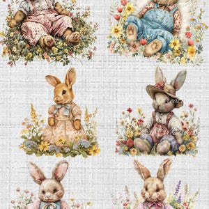 May include: A collage of six vintage-style illustrations of rabbits in various poses. The rabbits are dressed in pastel-colored clothing and surrounded by flowers. The artwork has a soft, watercolor aesthetic, perfect for Easter-themed crafts.