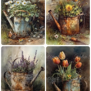 May include: Watercolor art prints featuring flowers in vintage watering cans. The prints showcase daisies, yellow flowers, lavender, and orange tulips. The watering cans have a rustic, weathered appearance, adding to the charm.