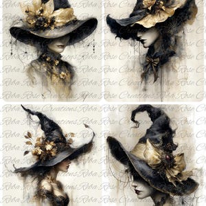 May include: A digital art print featuring four portraits of women wearing elaborate witch hats. The hats are black with gold accents, adorned with flowers and spiderwebs. The artwork has a vintage, gothic aesthetic.