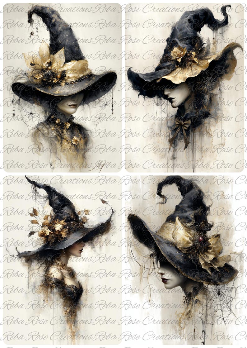May include: A digital art print featuring four portraits of women wearing elaborate witch hats. The hats are black with gold accents, adorned with flowers and spiderwebs. The artwork has a vintage, gothic aesthetic.