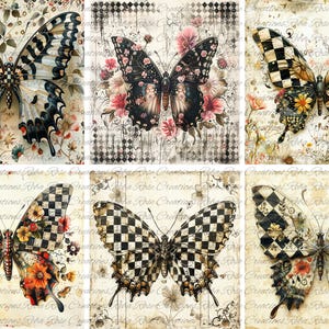 May include: A collage of six butterfly designs with vintage floral backgrounds. The butterflies feature checkered patterns, floral accents, and various color schemes, including black, white, and shades of orange and pink. The overall aesthetic is a blend of vintage and botanical themes.