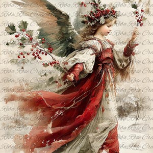 May include: A digital art print of a young angel with large wings, wearing a red and white dress, and holding branches with red berries. The angel has a wreath of berries in her hair. The background is a winter scene.