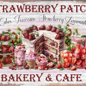 May include: A vintage-style sign for a strawberry-themed bakery and cafe. The sign features the words "Strawberry Patch" and "Bakery & Cafe" in a rustic font, along with images of cakes, ice cream, lemonade, and fresh strawberries.