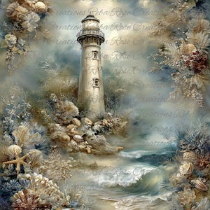 May include: A digital art print of a coastal scene featuring a white lighthouse on a rocky shore. The artwork includes ocean waves, seashells, and floral elements in muted tones of beige, blue, and gray. The text "Creations Reba Rose" is visible.