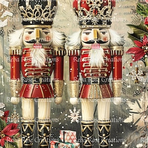 May include: Two decorative Christmas nutcrackers. Each nutcracker is dressed in a red and gold uniform with a crown. The background is a vintage-style design with snowflakes and floral accents. The text "Reba Rose Creations" is visible.
