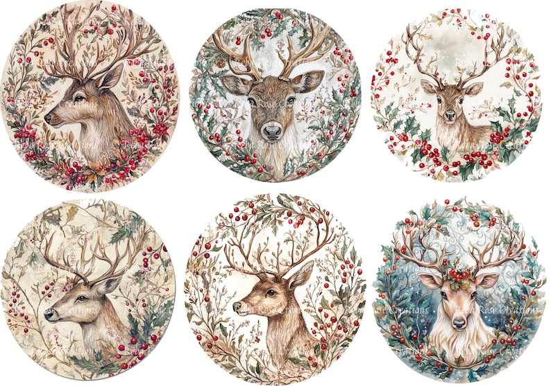 May include: Six circular watercolour illustrations of deer heads, each encircled by wreaths of foliage and red berries. The deer have large antlers and are shown in different poses, with a soft, vintage style.