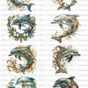 May include: A collection of digitally created dolphin illustrations. Each dolphin is depicted in shades of blue, teal, and gold, with ornate floral and scrollwork details. The dolphins are in various poses, some within decorative frames.