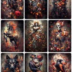 May include: A collection of nine gothic art prints featuring various subjects. The images include an owl, a cat, a wolf, a horse, a woman, two skeletons, a couple, and a raven. Each image is adorned with flowers and set against a dark, moody background.
