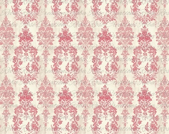 May include: A repeating pattern of pink floral damask designs on a cream-colored background. The design features ornate, symmetrical floral arrangements with scrolling details. Faint text overlays the pattern. The overall aesthetic is vintage and elegant.