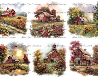 Puede incluir: Un collage digital de seis pinturas de acuarela que representan graneros rojos en varios entornos otoñales. Los graneros están rodeados de árboles, flores y vallas. Algunas escenas incluyen una puesta de sol, un estanque y un silo.