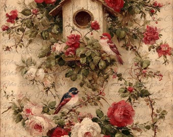 May include: A vintage-style illustration featuring a birdhouse surrounded by roses and greenery. Three birds perch among the flowers. The roses are in shades of red and pink, with a cream-colored background.