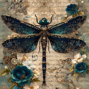 May include: A detailed illustration of a dragonfly with intricate blue and gold detailing. The dragonfly is surrounded by teal roses, white flowers, and butterflies on a vintage-style background. The image has a textured, aged appearance.